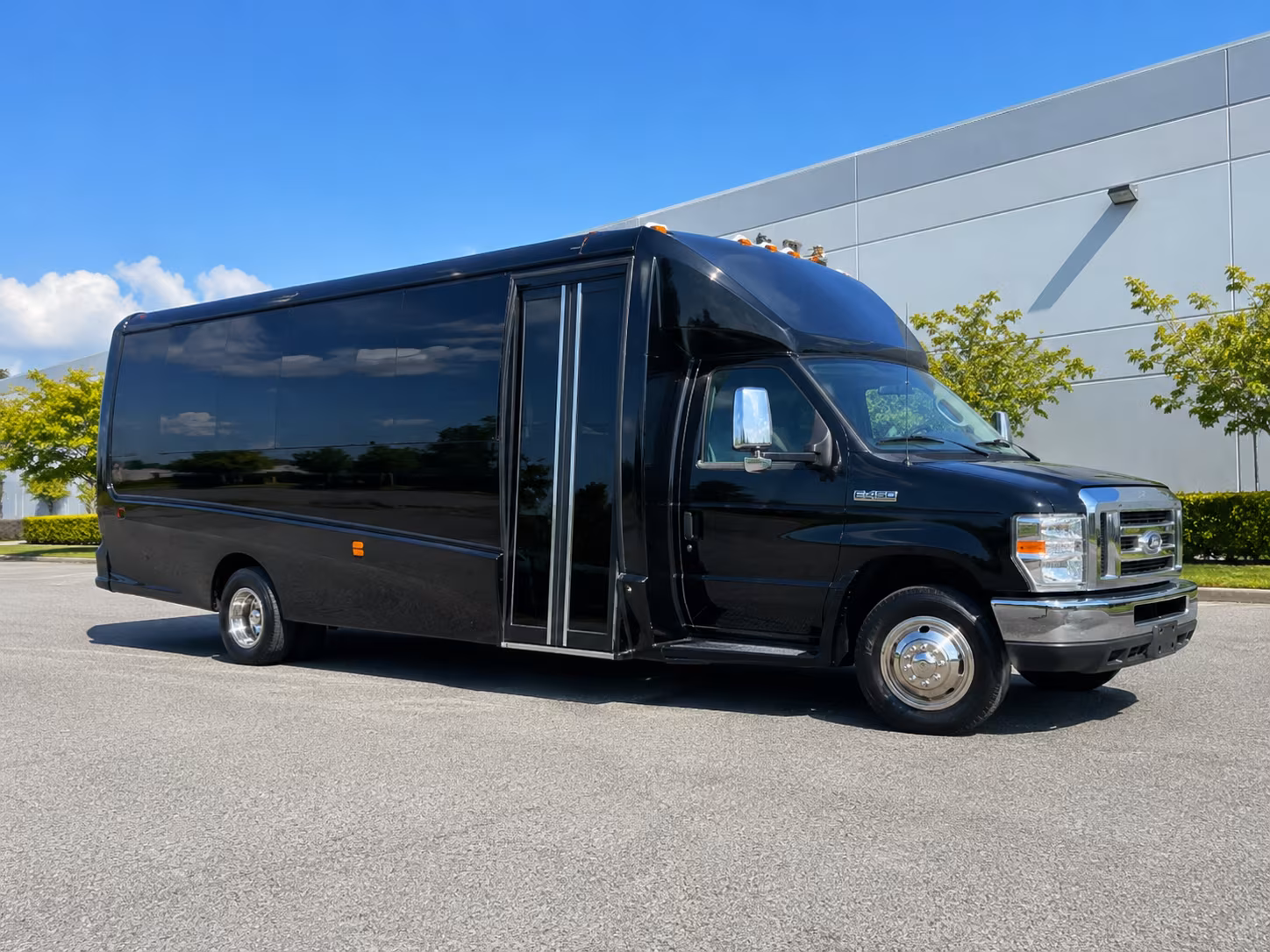 Group beside a Mercedes Sprinter limo in New Orleans
