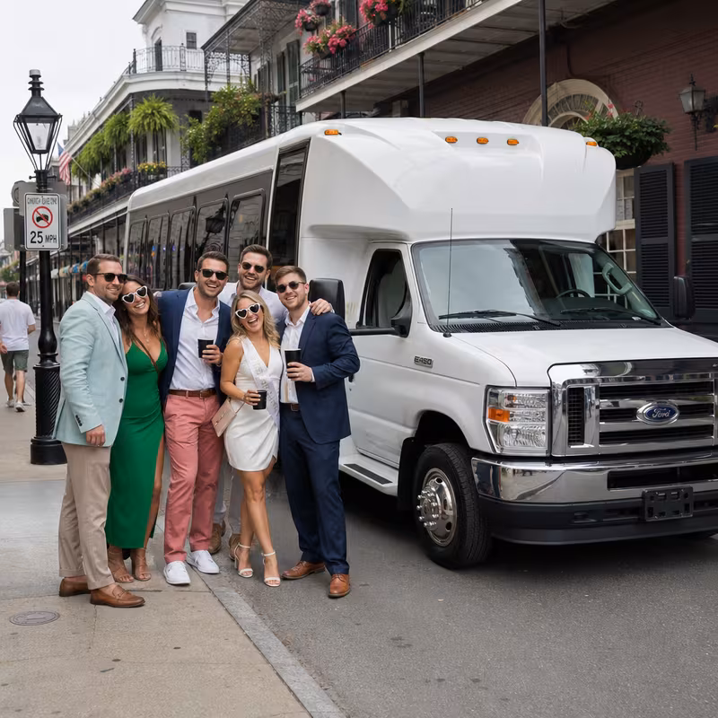 Black Mercedes Sprinter van staged for an New Orleans Bachelor & Bachelorette Transportation group