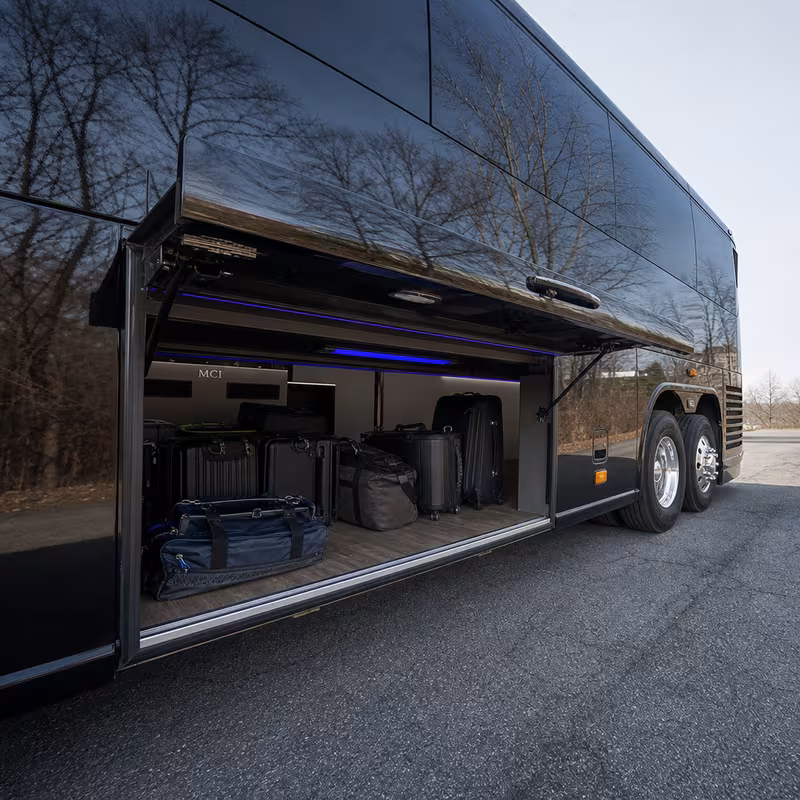Party bus interior with wraparound leather seating and LED lighting in New Orleans