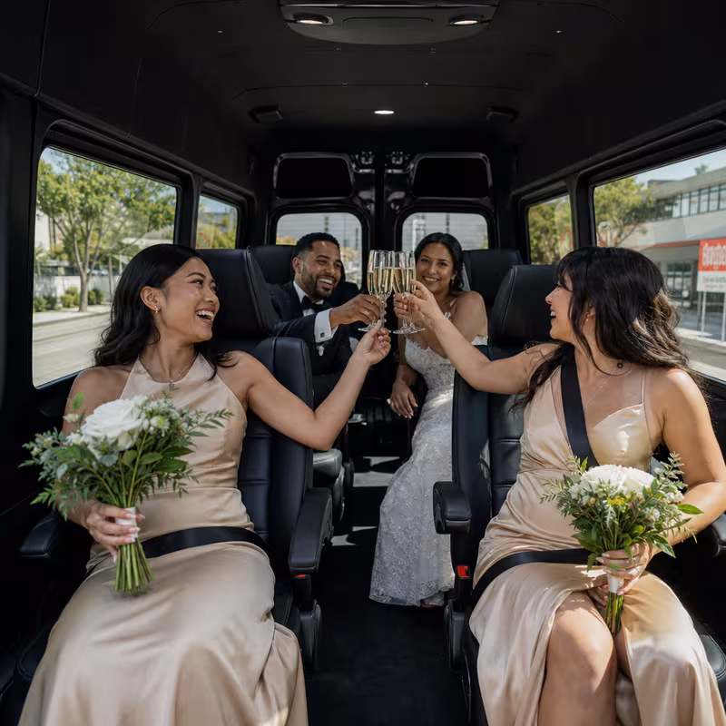 Black Mercedes Sprinter van staged for an New Orleans Wedding Transportation group